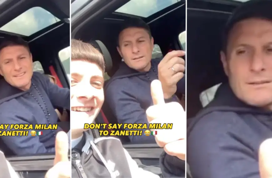 AC Milan fan shouts ‘Forza Milan’ whilst taking selfie with Javier Zanetti