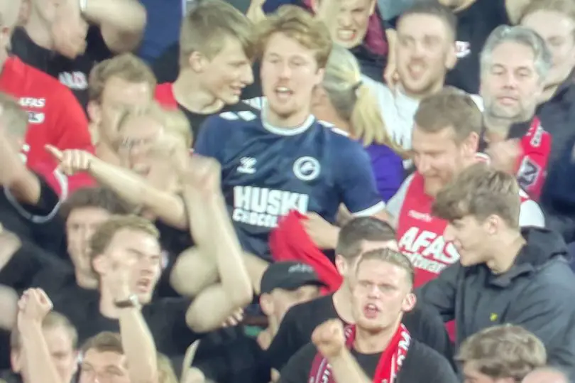 Millwall fan celebrates AZ Alkmaar goal vs West Ham at London Stadium