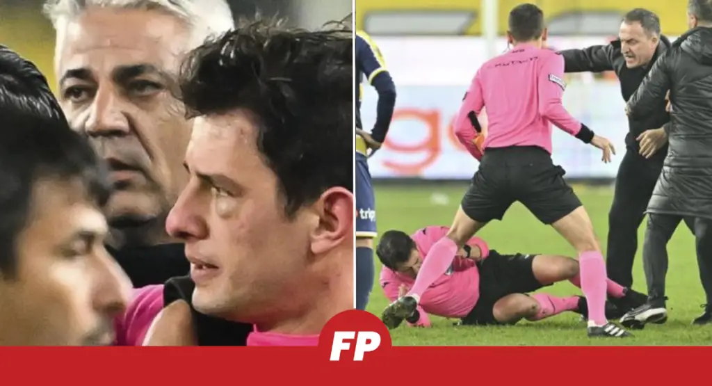 Image shows a Turkish league referee knocked to the ground after being punched by club president.
