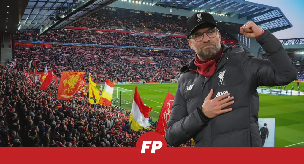 Jurgen Klopp fist pumping with a packed Anfield in the background