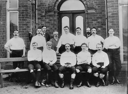 William Sudell poses for a photograph with his Preston North End squad and some local MPs. Sudell's side would eventually win the first English double and set records in the fa cup that remain unbroken today.