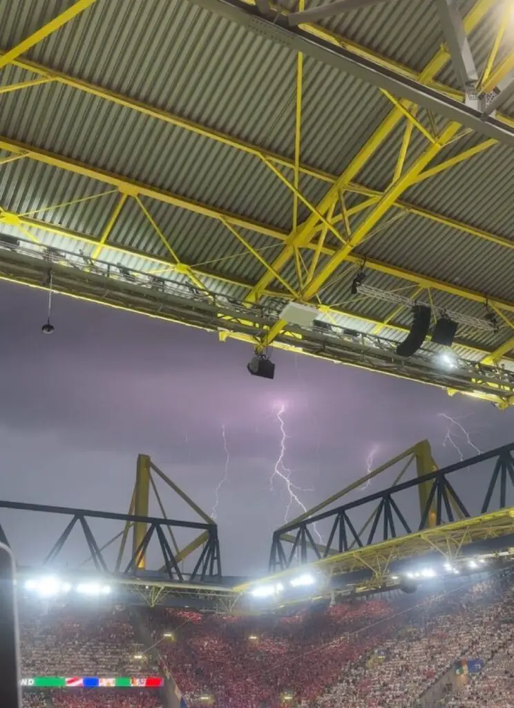 lighting strikes postpone Germany vs Denmark round of 16 clash in Euro 2024.