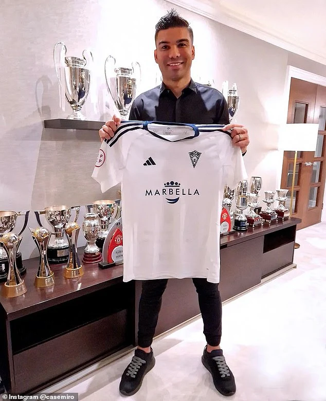 Casemiro poses with Marbella's home shirt as he takes on his new role as director and shareholder of the club.